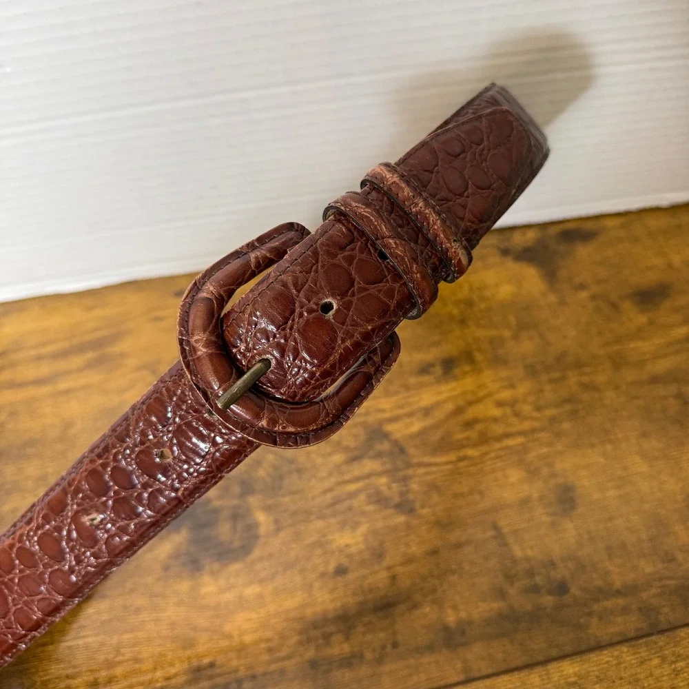 VTG Mark Shale Men's Genuine Leather Belt Large Brown Croc Embossed Print Preppy